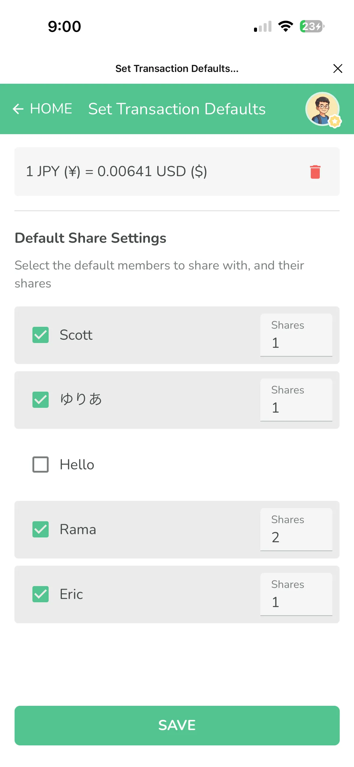 기본 정산 설정, 각 멤버별 분담 비율 표시