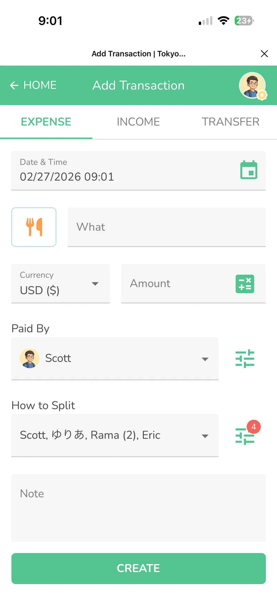 지출 추가 페이지에서 통화, 카테고리 아이콘, 정산 멤버가 기본값으로 자동 채워진 모습