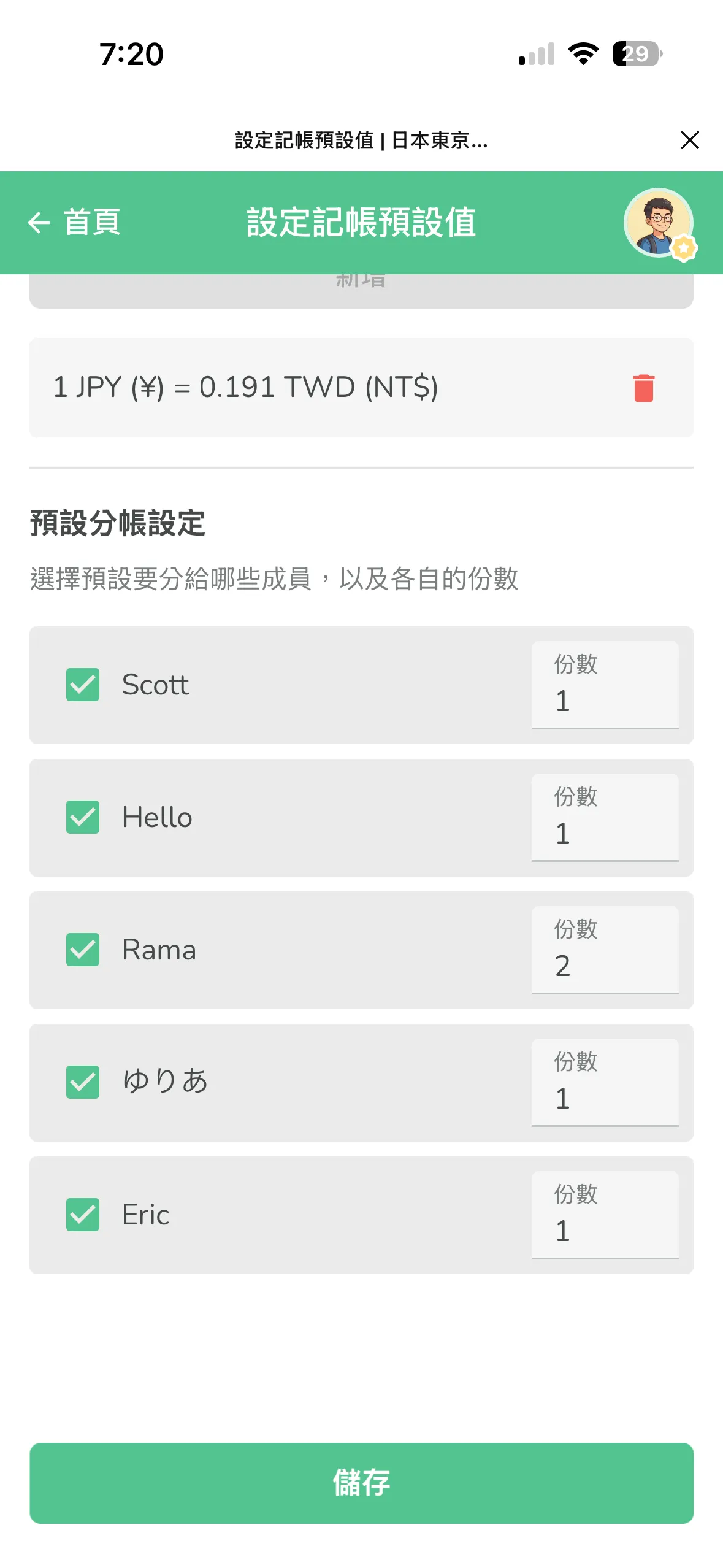 预设分账设定,每位成员可设定份数,例如 Rama 的份数为 2