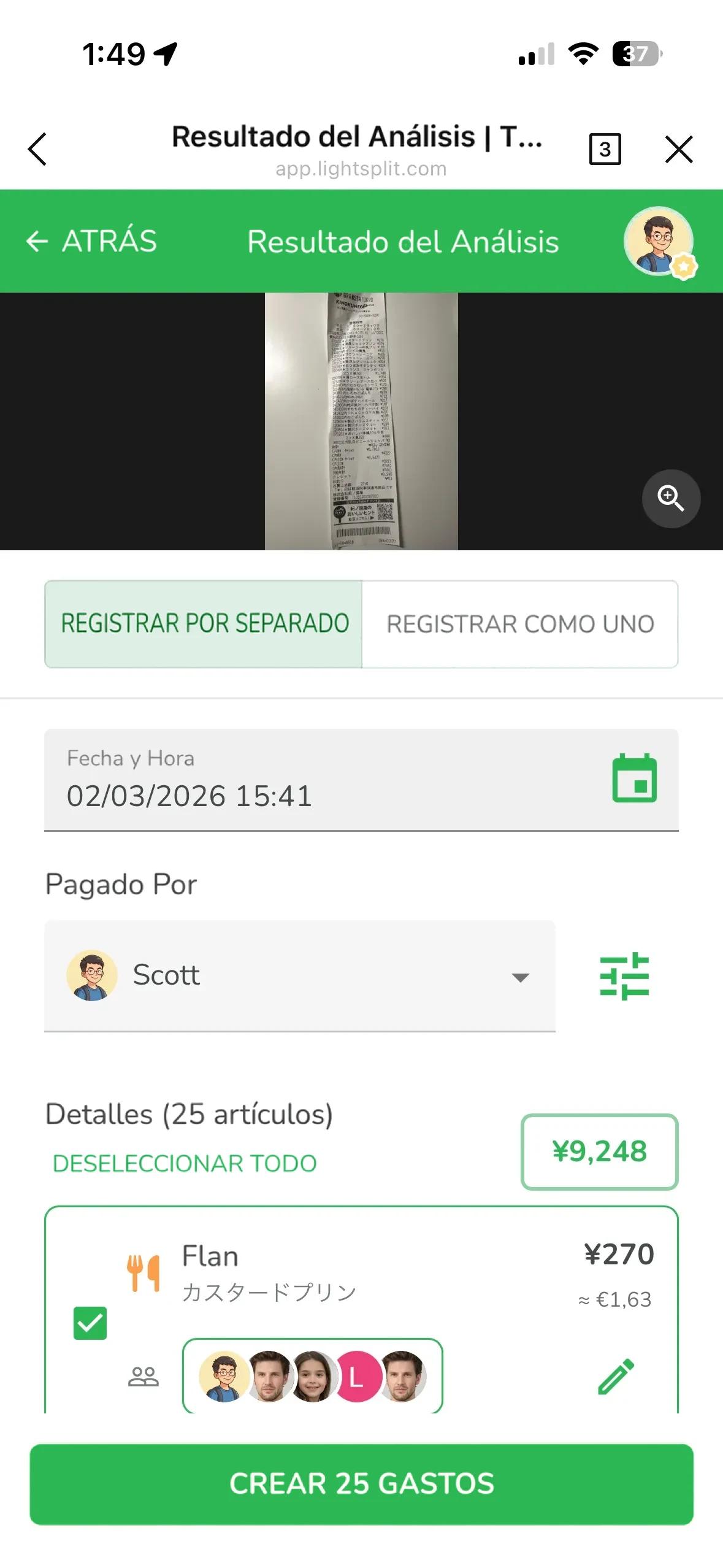 Lightsplit analiza con IA un recibo japonés de 25 productos y muestra cada uno traducido al español, con su precio en yenes y su equivalente en euros
