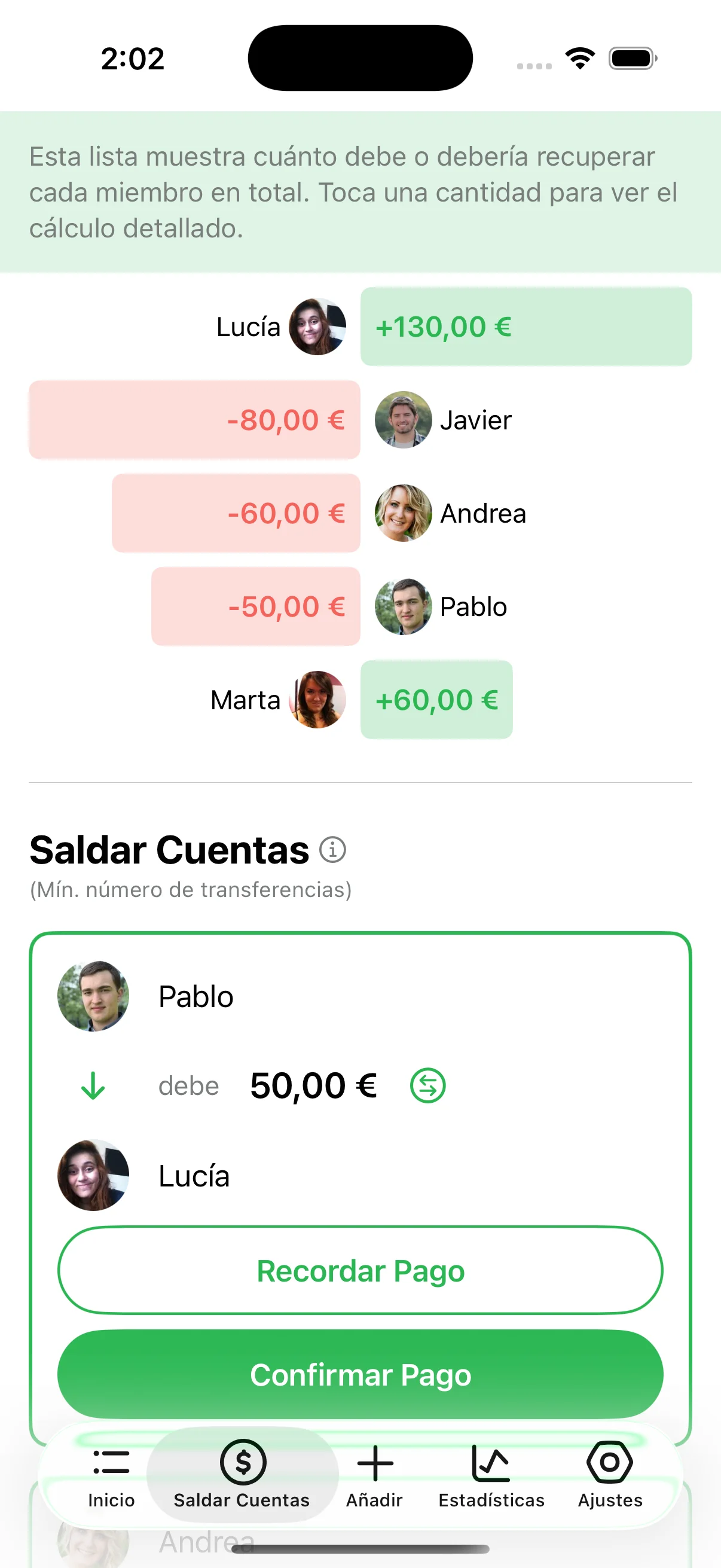 Saldos de un grupo en Lightsplit en euros, con quién le debe a quién y el mínimo de transferencias para saldar cuentas
