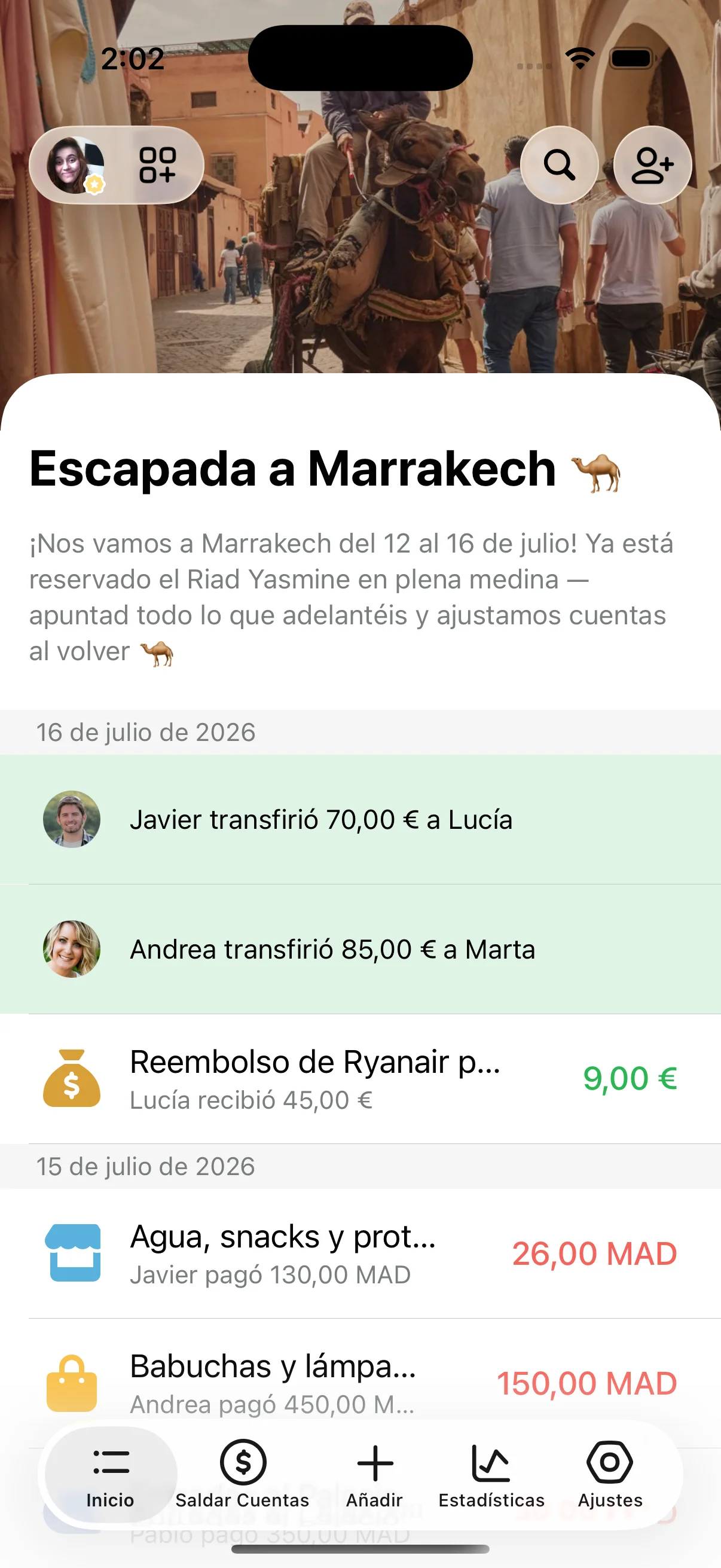 Lista de gastos y pagos del grupo Escapada a Marrakech en Lightsplit, con importes en dírhams y euros