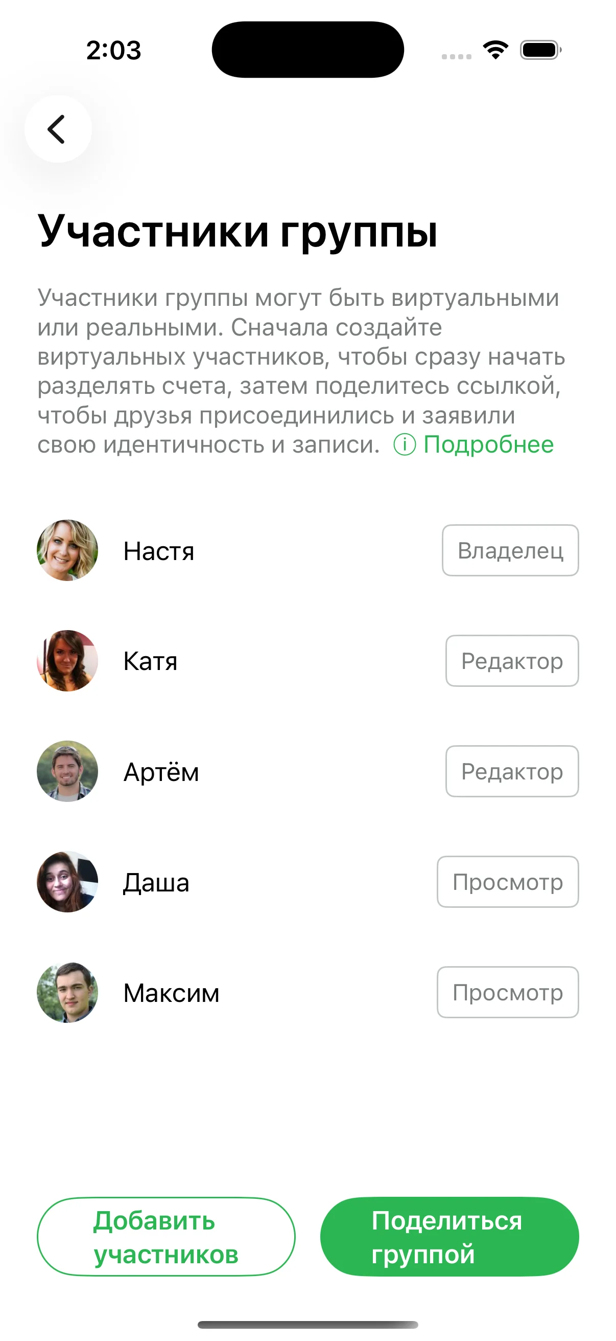 Русский интерфейс Lightsplit: экран «Участники группы» в приложении для деления расходов