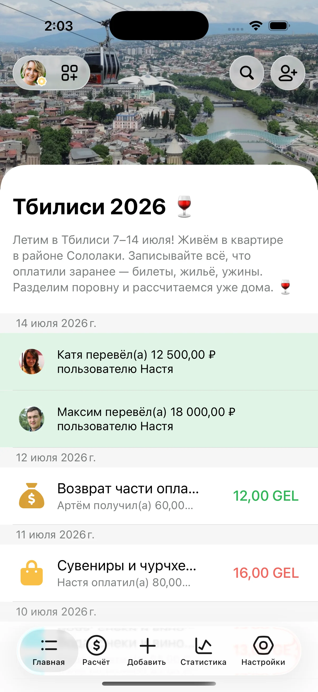 Лента трат группы «Тбилиси 2026» в Lightsplit: расходы в лари и переводы в рублях