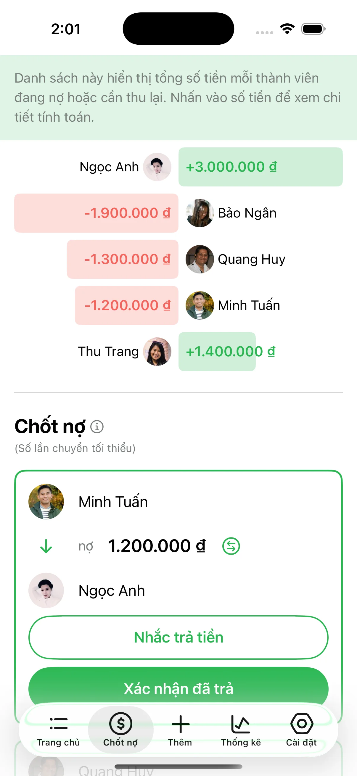Màn hình Chốt nợ của Lightsplit hiển thị số dư từng người bằng đồng Việt Nam