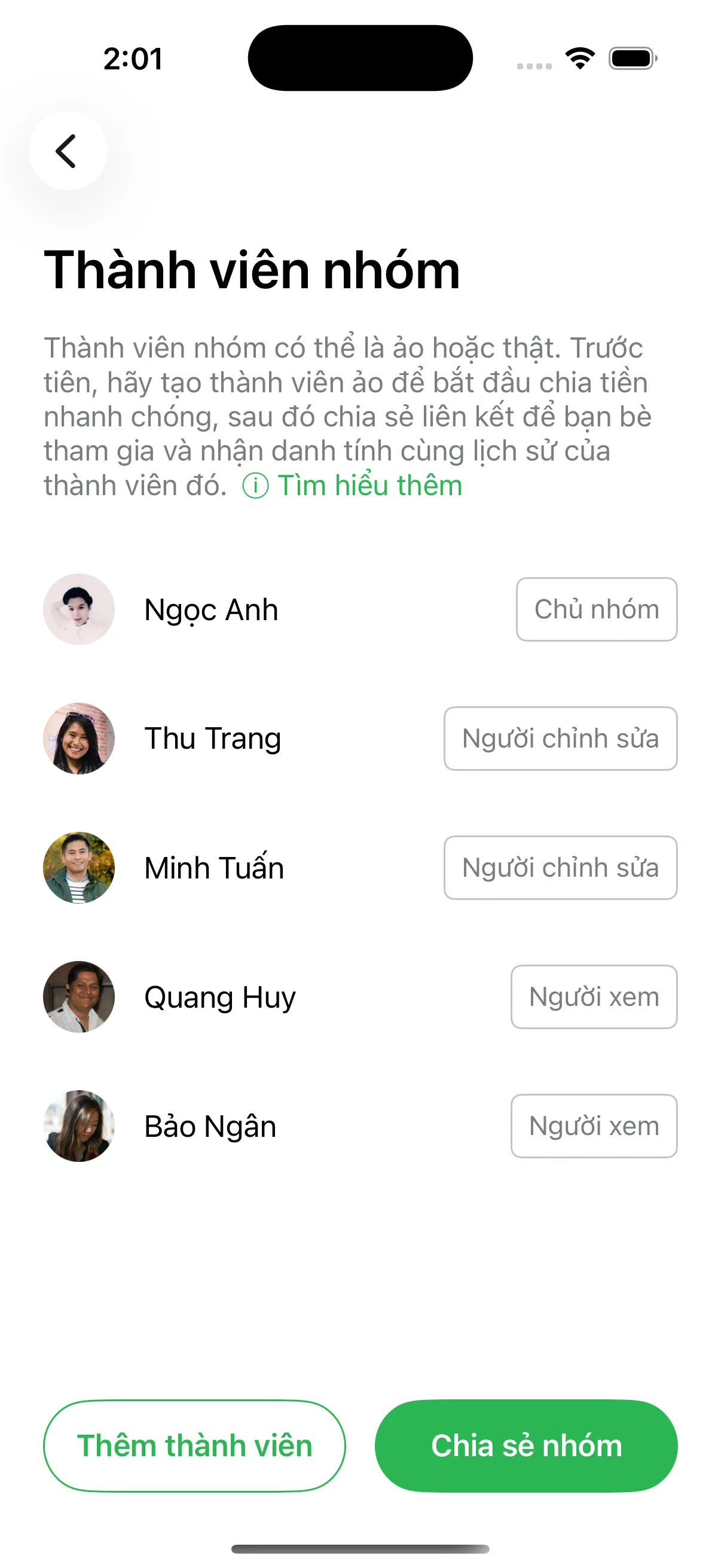 Màn hình Thành viên nhóm của app chia tiền nhóm Lightsplit với giao diện tiếng Việt