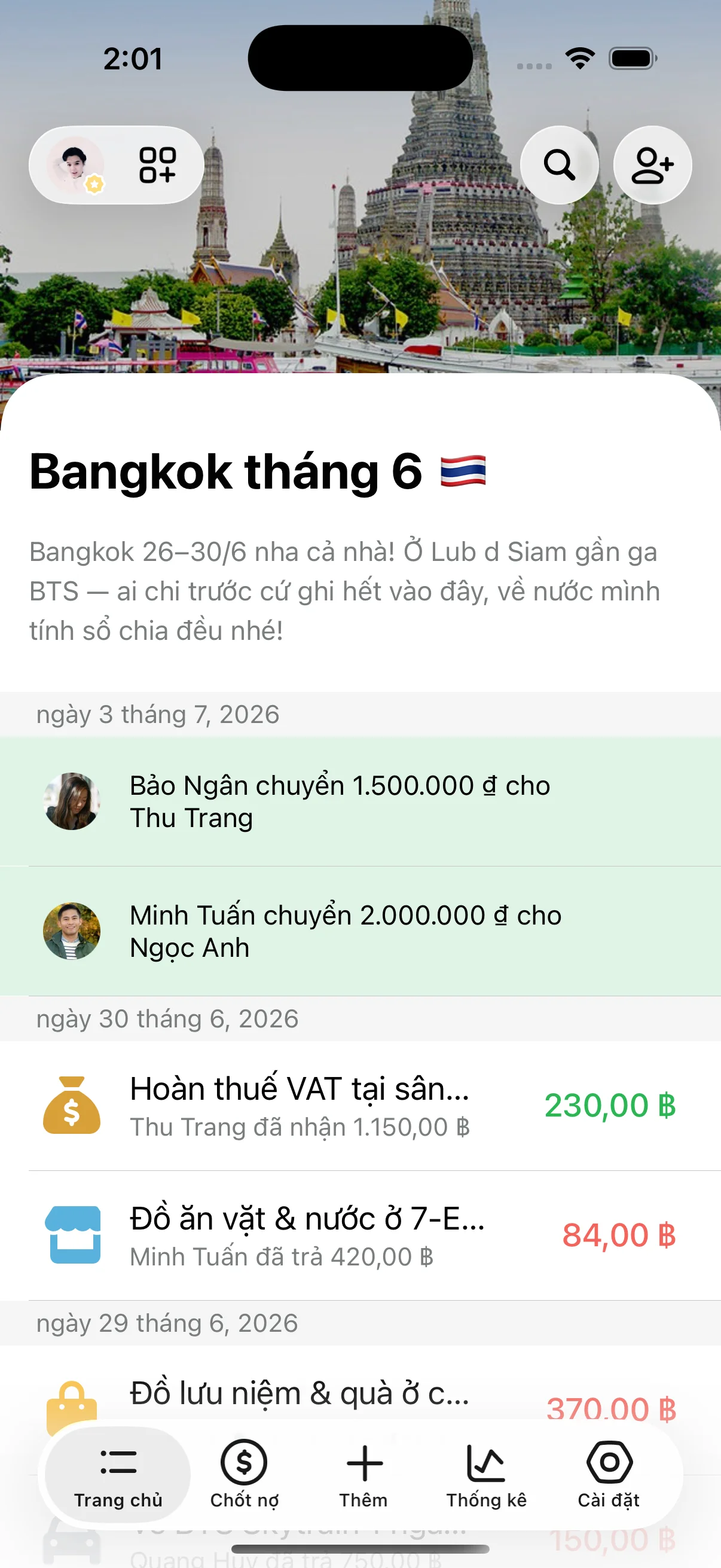 Danh sách nhiều khoản chi bằng baht Thái của nhóm Bangkok tháng 6 trên app Lightsplit giao diện tiếng Việt