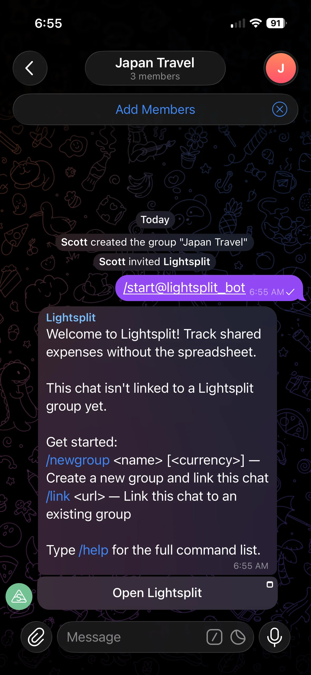 Adding the Lightsplit Telegram split bill bot to a group