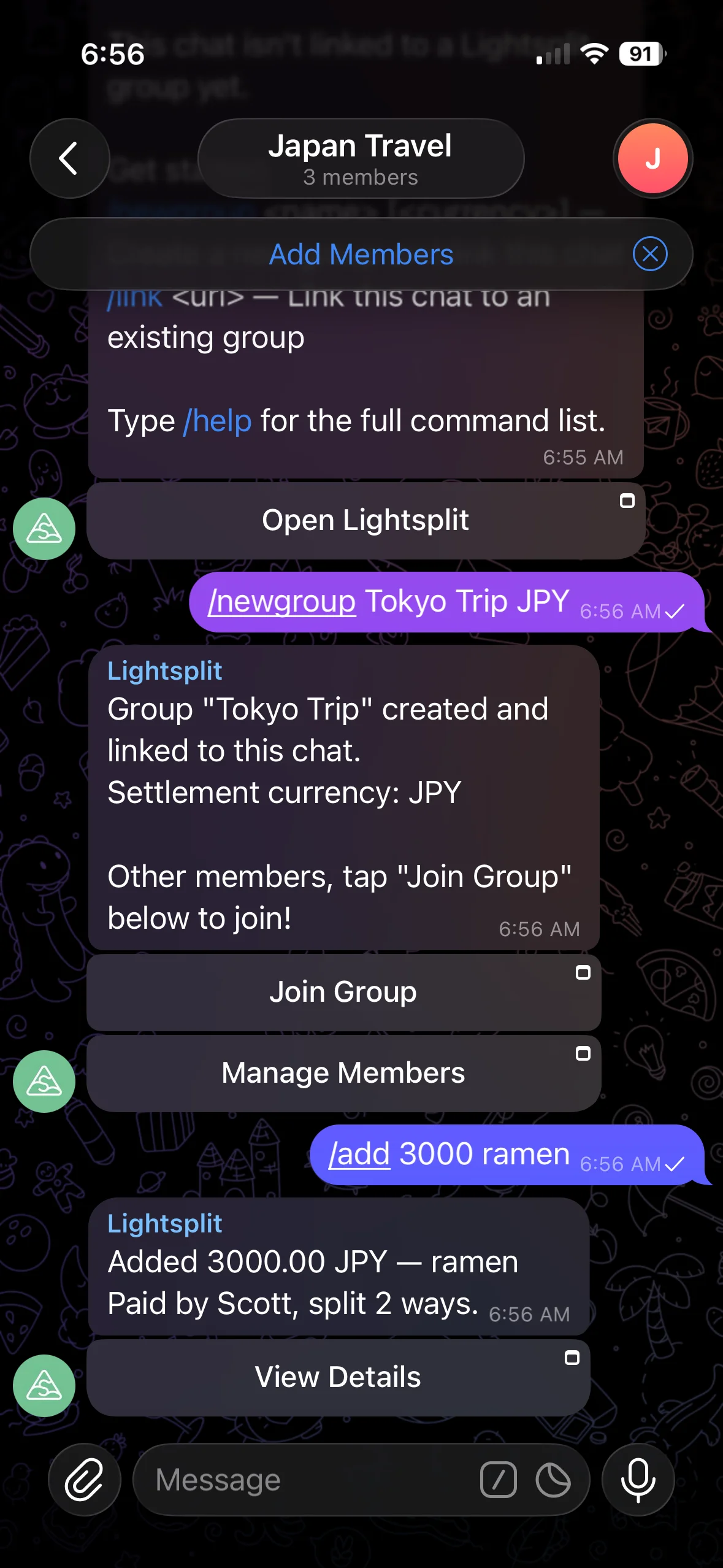 Reply message after using the add command to log an expense