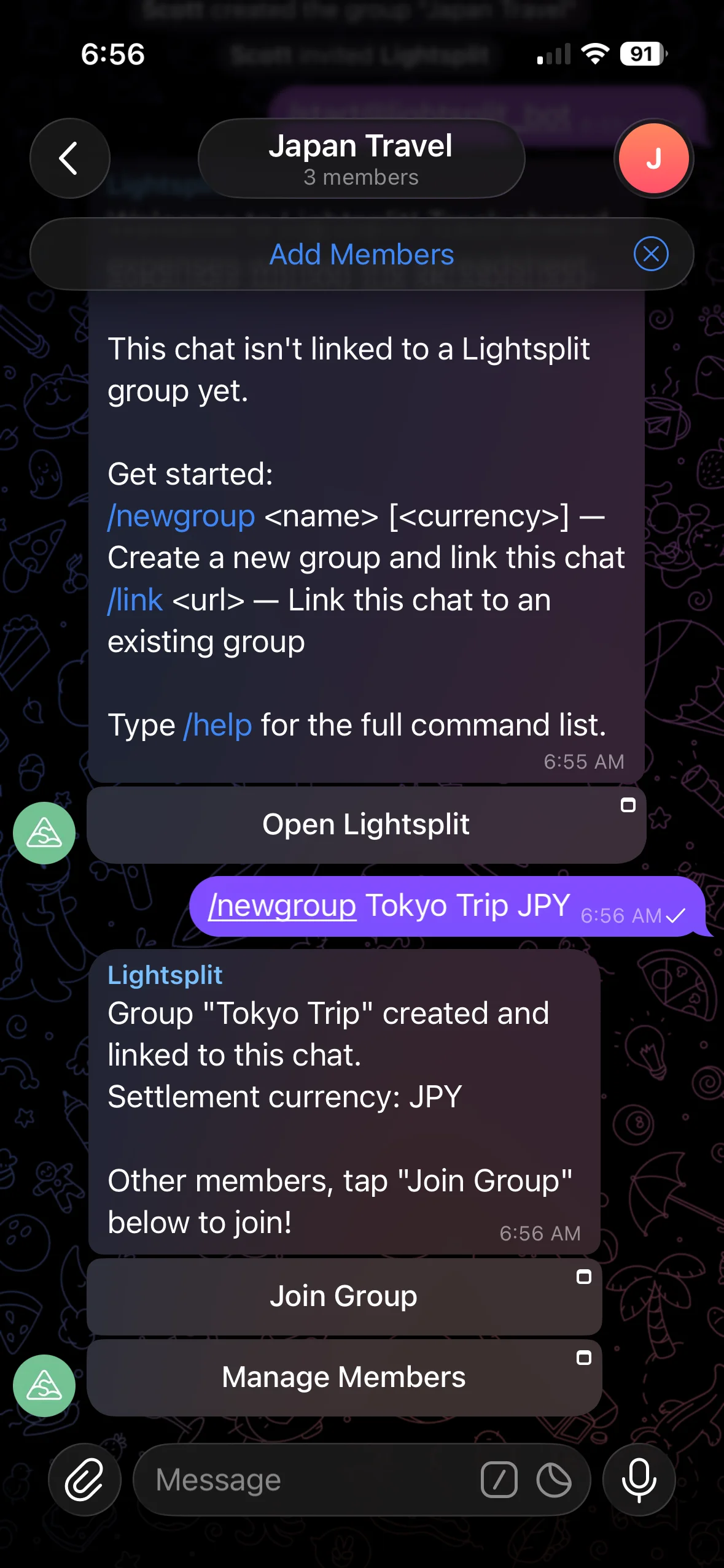 Creating a Telegram split group with the newgroup command