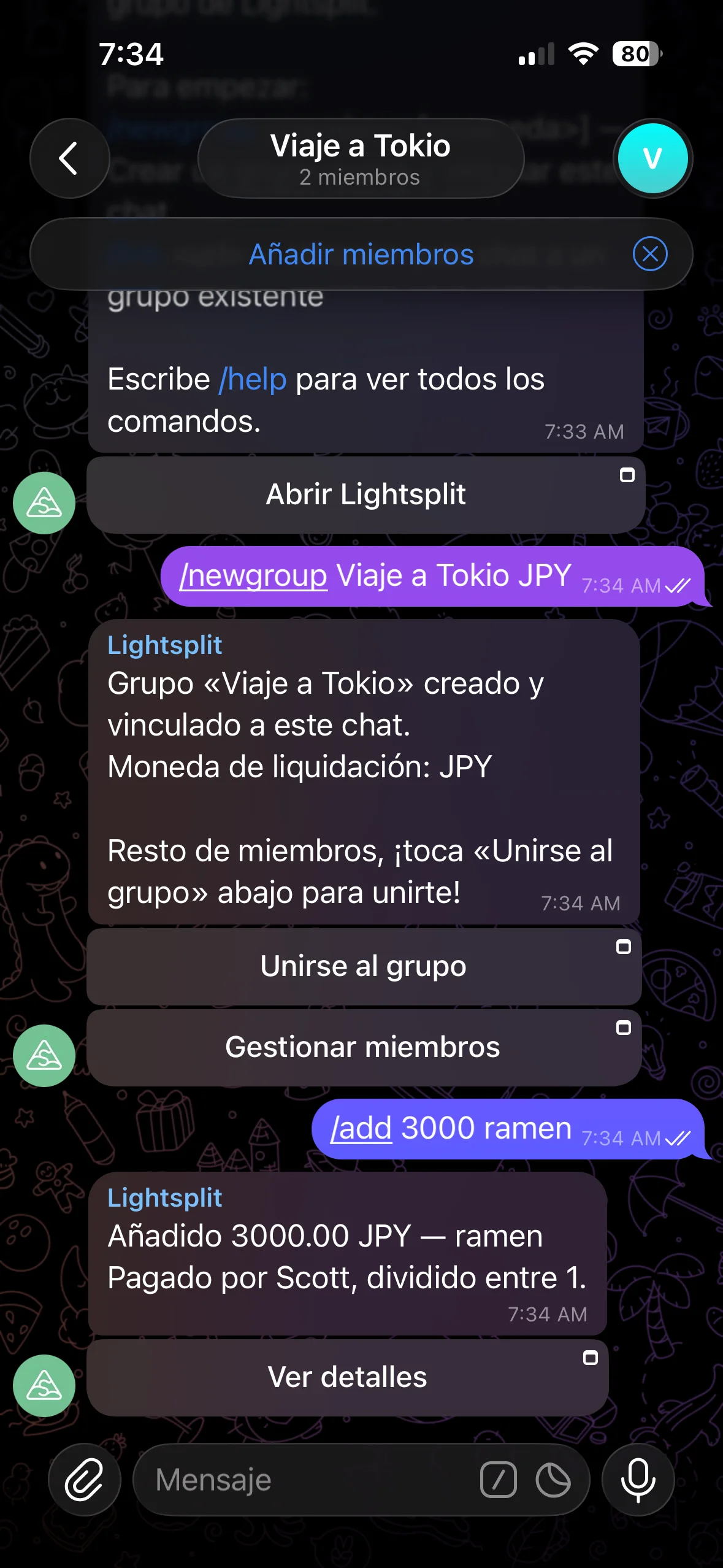Mensaje de respuesta tras añadir un gasto con el comando add