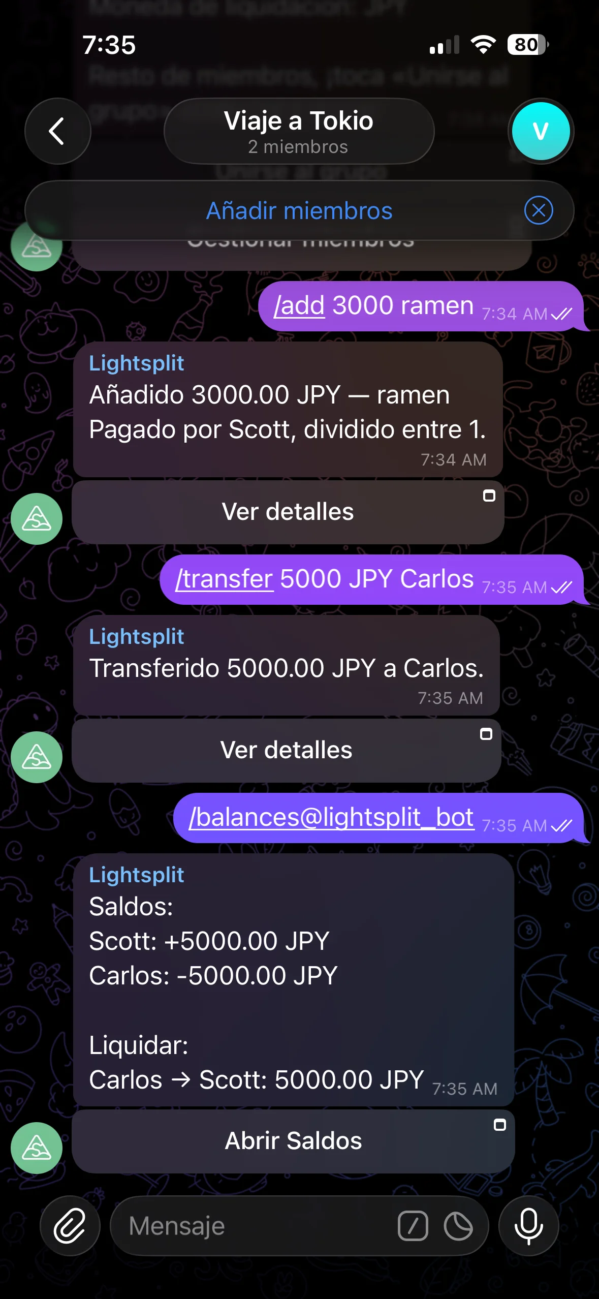 Comando balances mostrando saldos y sugerencias de pago