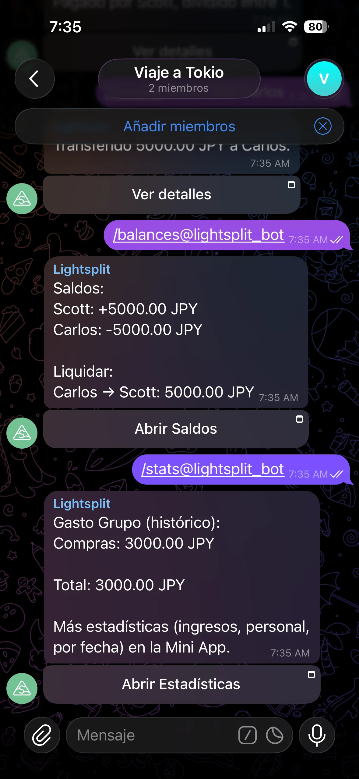 Comando stats para ver estadísticas de gastos