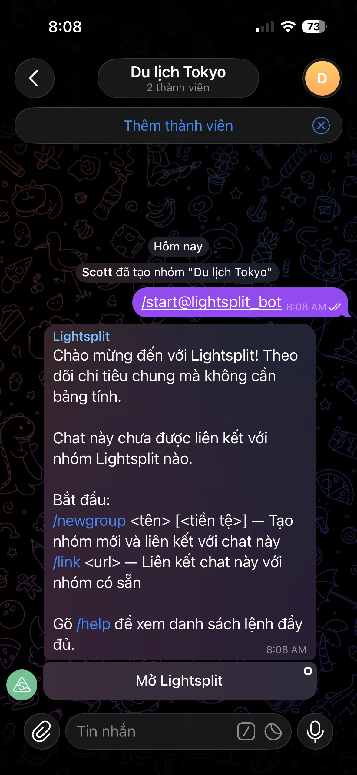 Thêm bot Telegram chia tiền Lightsplit vào nhóm