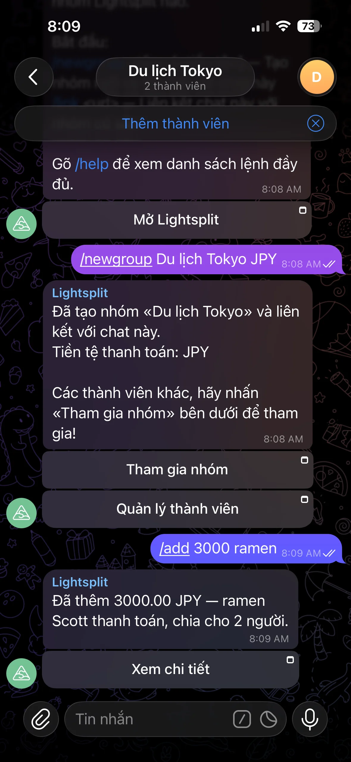 Tin nhắn trả lời khi dùng lệnh add ghi chi tiêu