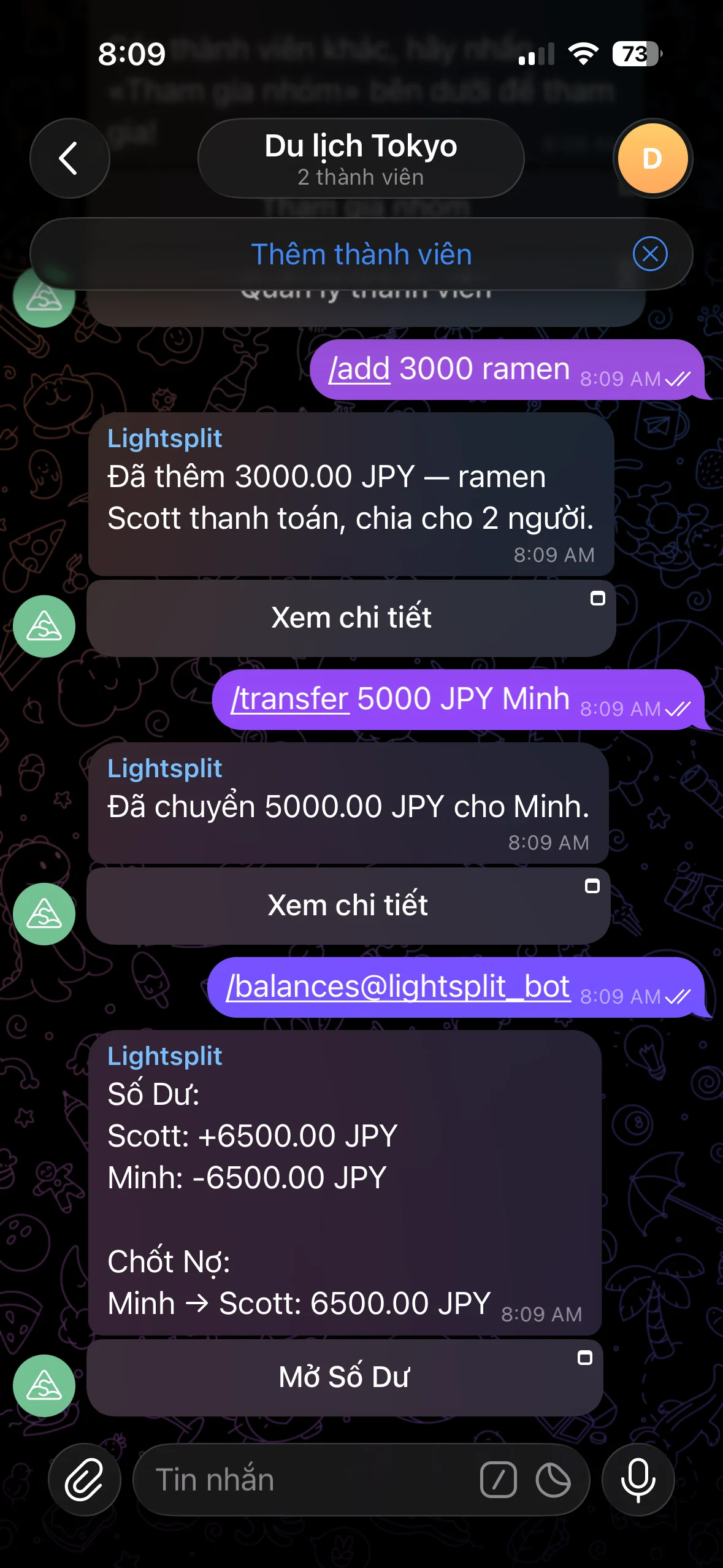 Lệnh balances xem số dư và gợi ý trả tiền