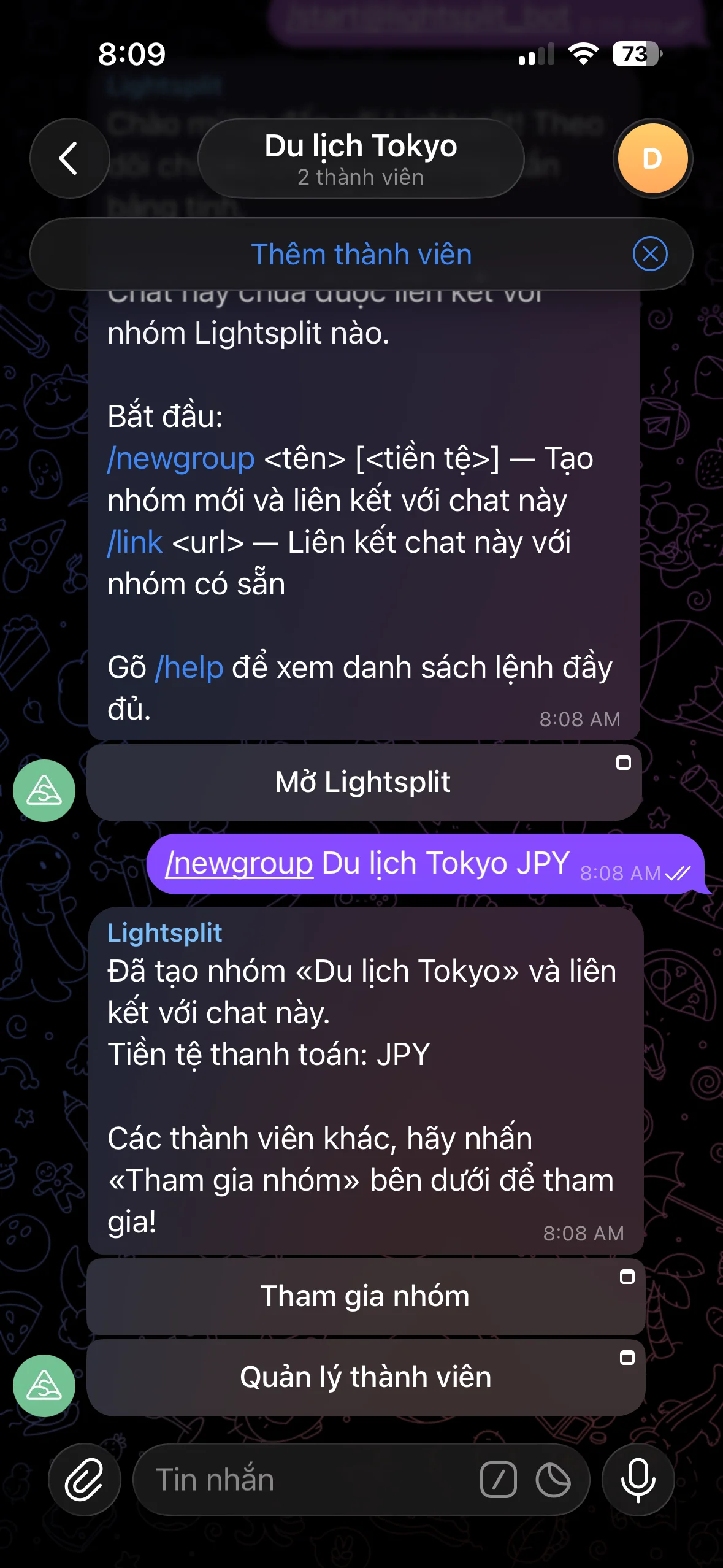 Dùng lệnh newgroup tạo nhóm chia tiền Telegram