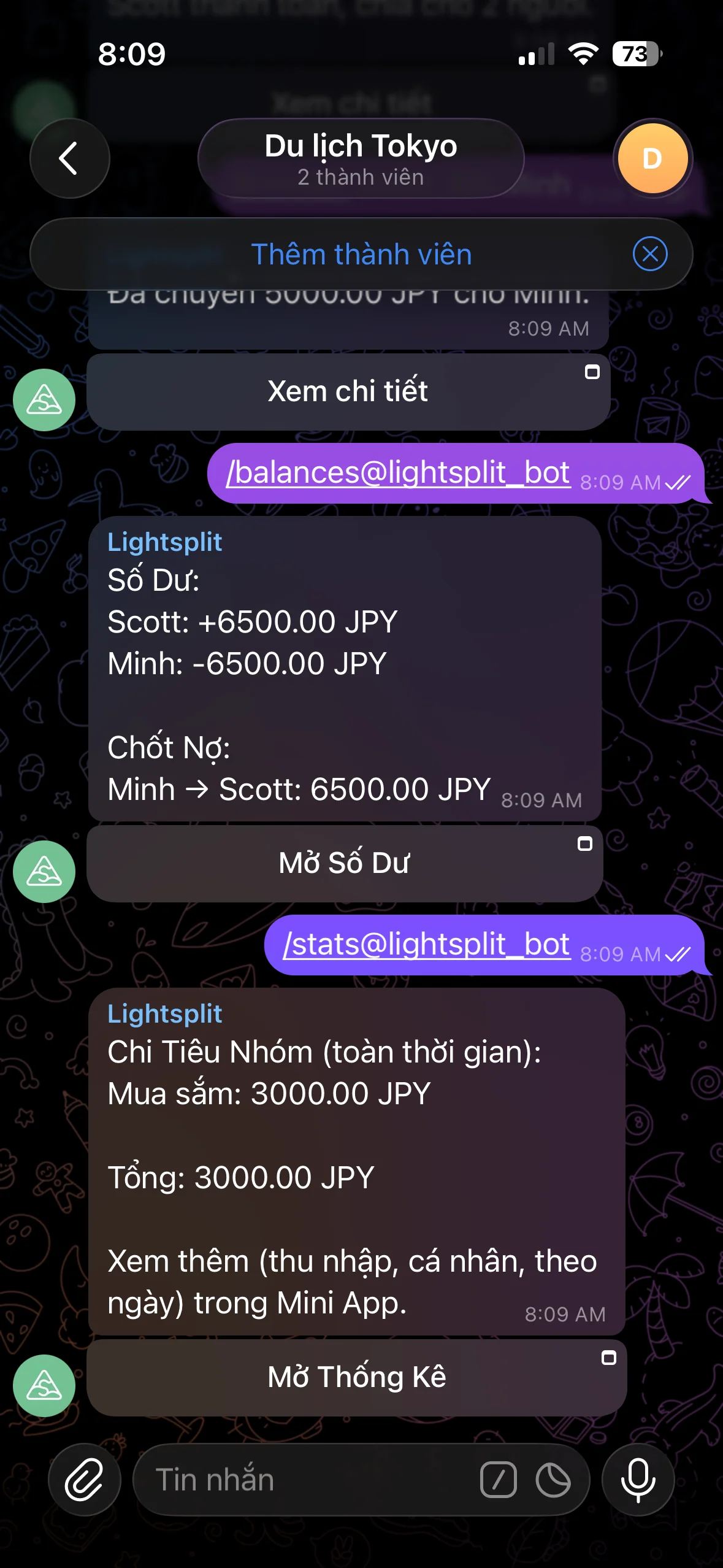 Lệnh stats xem thống kê chi tiêu