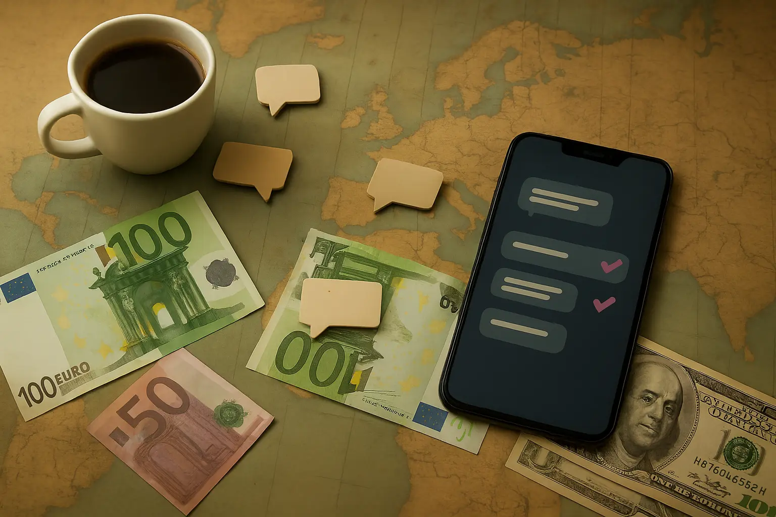 World map with international currency notes, coins, passport and travel accessories scattered across different countries, representing global expense splitting and travel cost sharing